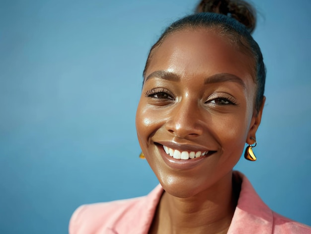 Uma jovem sorrindo na frente da câmera