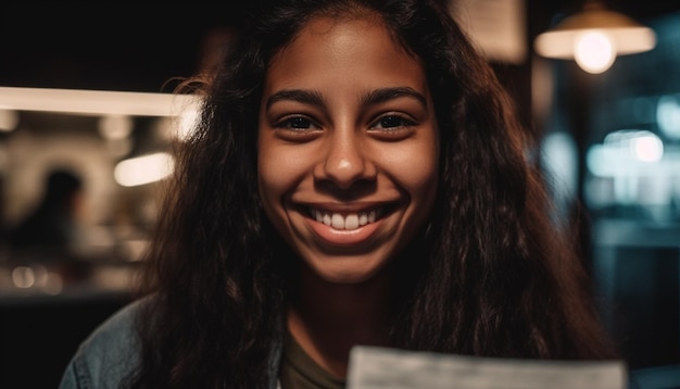 Uma jovem sorrindo olhando para a câmera gerada pela IA