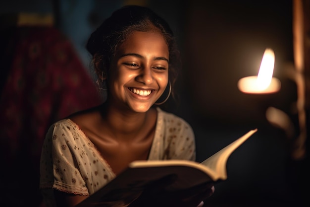 Uma jovem sorrindo satisfeita enquanto lê um livro criado com IA generativa