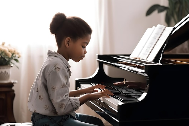 Uma jovem tocando piano em uma sala de estar