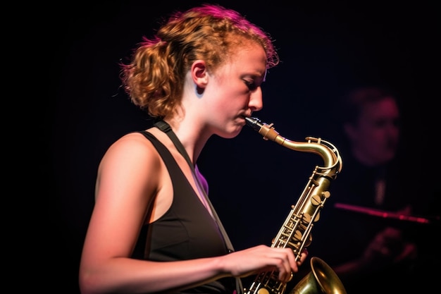 Uma jovem tocando saxofone no palco