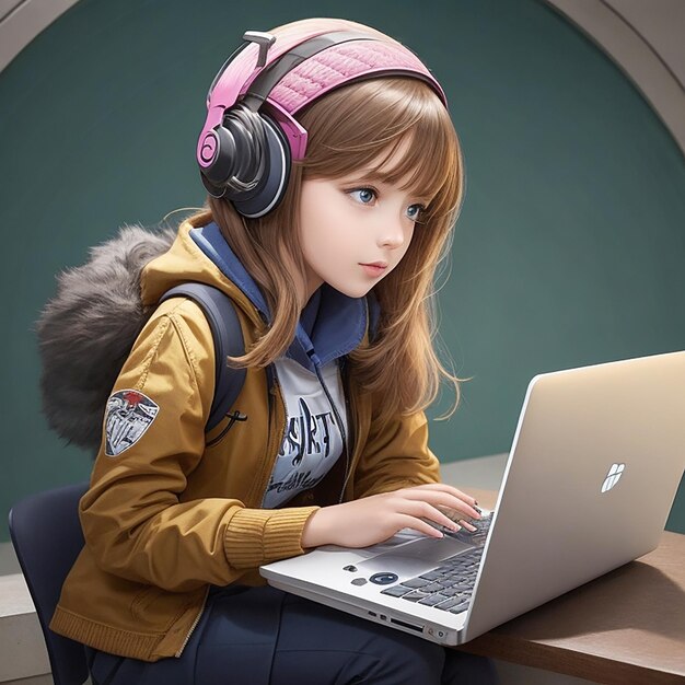 Uma jovem trabalhando em um laptop Central de atendimento de mulher feliz e laptop com fones de ouvido