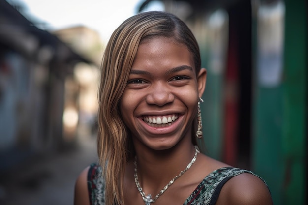 Uma jovem transexual sorrindo para a câmera.