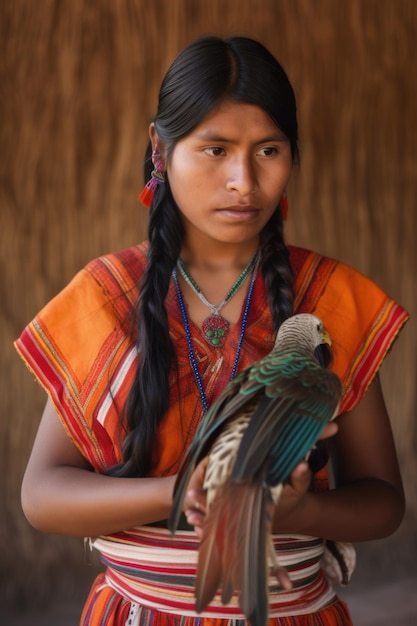 Uma jovem tribal segurando uma fênix criada com ai generativa