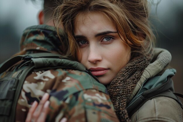 Foto uma jovem triste abraça seu namorado militar e o acompanha para a guerra