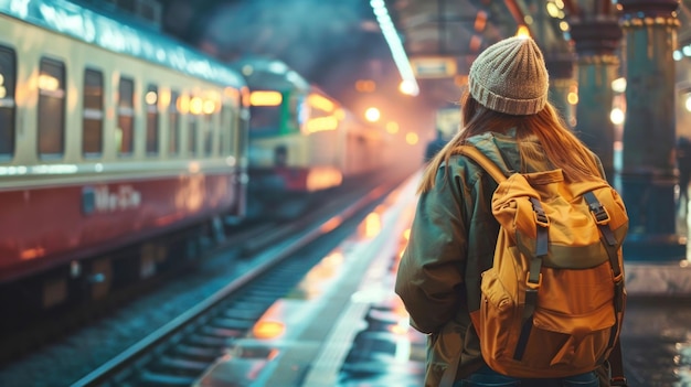 Uma jovem turista feliz com uma mochila está na plataforma de uma estação de trem moderna à espera