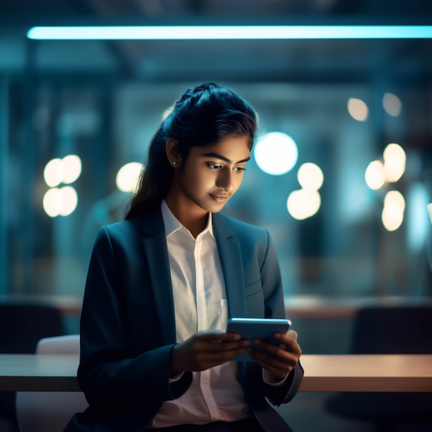 Uma jovem universitária a ver um tablet e a procurar um emprego.