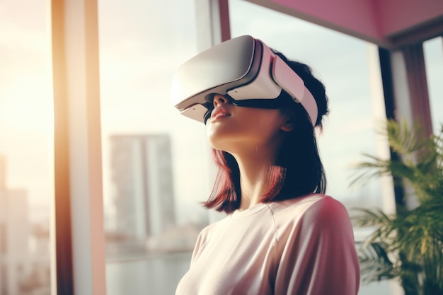 Uma jovem usa óculos de realidade virtual em seu apartamento VR Generative AI