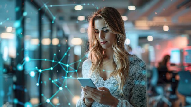 Uma jovem usa seu smartphone em meio a conexões de rede brilhantes que simbolizam a interação digital