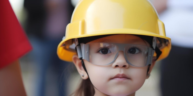 Uma jovem usando um capacete amarelo e óculos olha para a câmera.