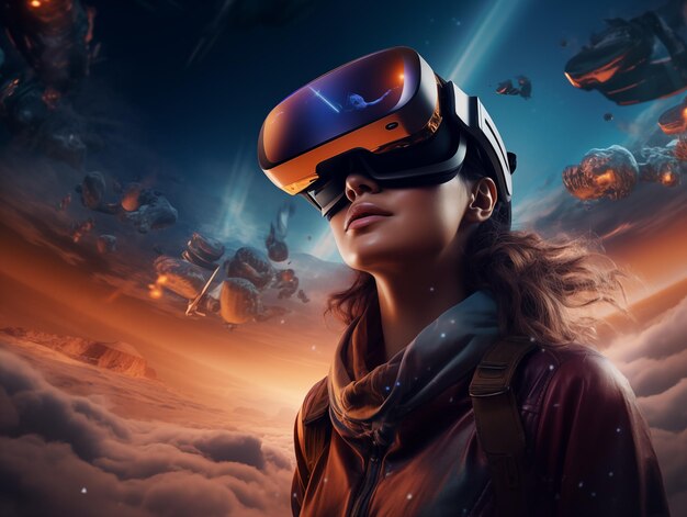 Foto uma jovem usando um fone de ouvido de realidade virtual em uma paisagem espacial cheia de ação imaginativa