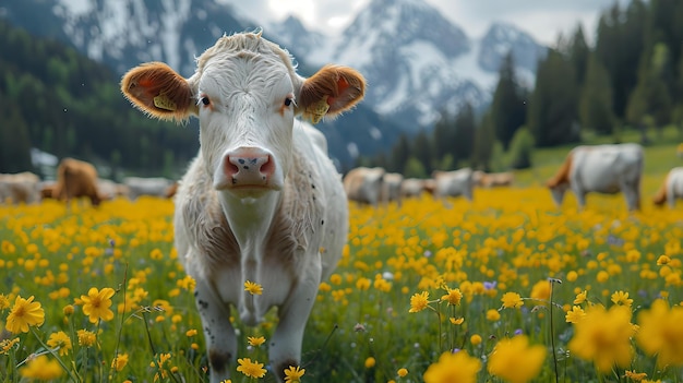 Uma jovem vaca curiosa parada em um campo florescente com montanhas como pano de fundo, ambiente rural sereno e vibrante AI