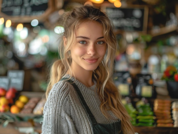 Uma jovem vendedora sorridente no mercado em um fundo desfocado