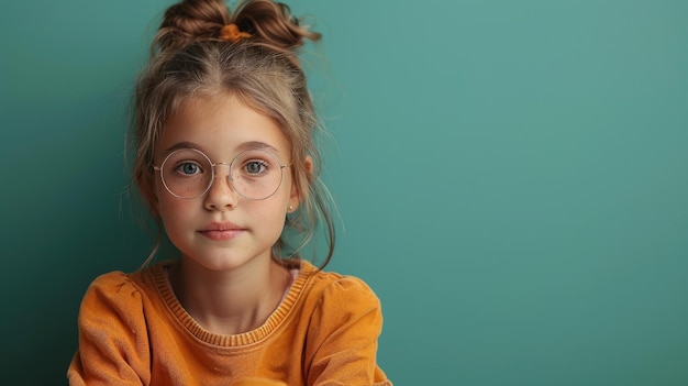 Uma jovem vestida casualmente sentada no chão com uma expressão pensativa estudando isolada sobre um fundo de estúdio verde