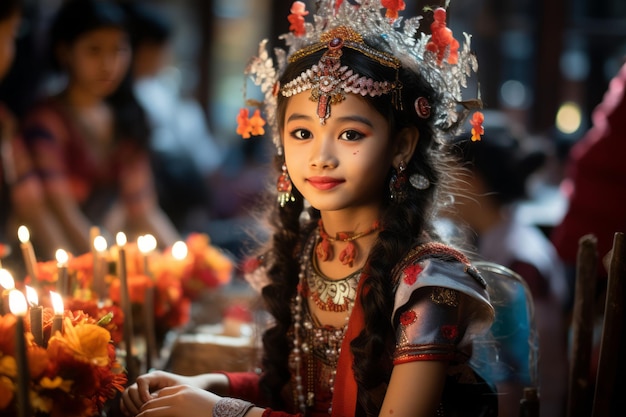 uma jovem vestida com roupas tradicionais está sentada em uma mesa com velas