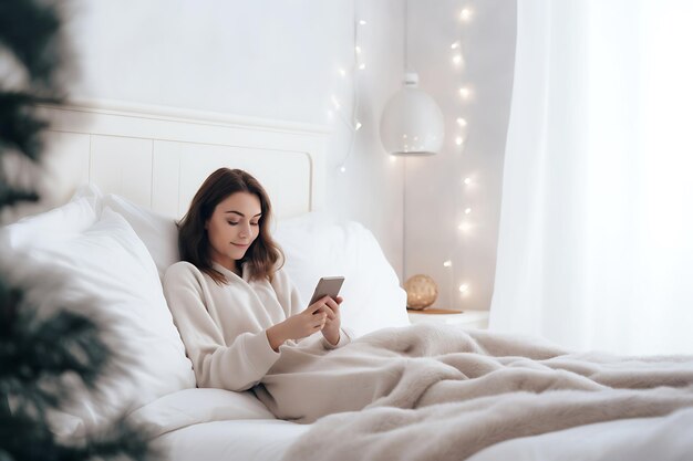 Uma jovem vestida de branco senta-se na cama e olha para um telefone móvel ou tablet