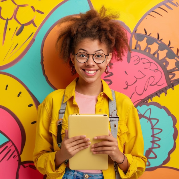 Foto uma jovem vestindo óculos e uma jaqueta amarela está segurando um tablet