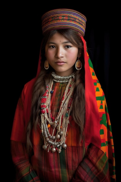 Uma jovem vestindo roupas tribais tradicionais criadas com IA generativa