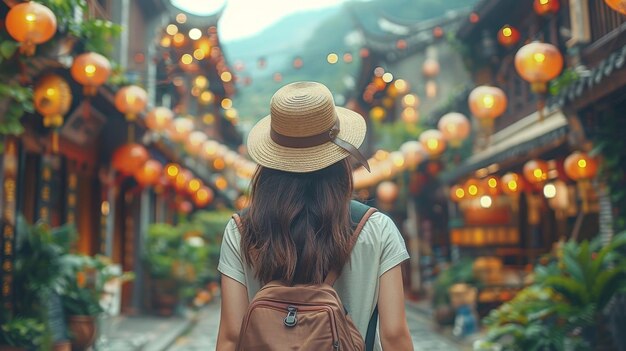 Uma jovem vestindo um chapéu caminha pelas ruas de um país asiático