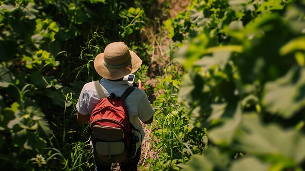 Uma jovem vestindo um chapéu e carregando uma mochila caminha por um campo verde exuberante de grama alta ela está olhando para o seu telefone