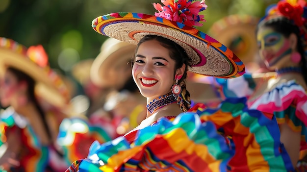 Uma jovem vestindo um vestido tradicional mexicano colorido e um chapéu de palha com flores sorri felizmente