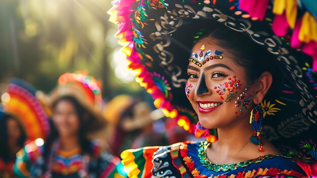 Foto uma jovem vestindo um vestido tradicional mexicano e pintando o rosto sorri felizmente ela está cercada por flâmulas e balões coloridos