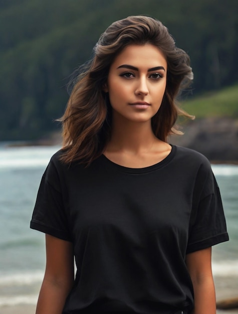 Uma jovem vestindo uma camiseta preta vazia para um modelo de projeto de IA gerativa