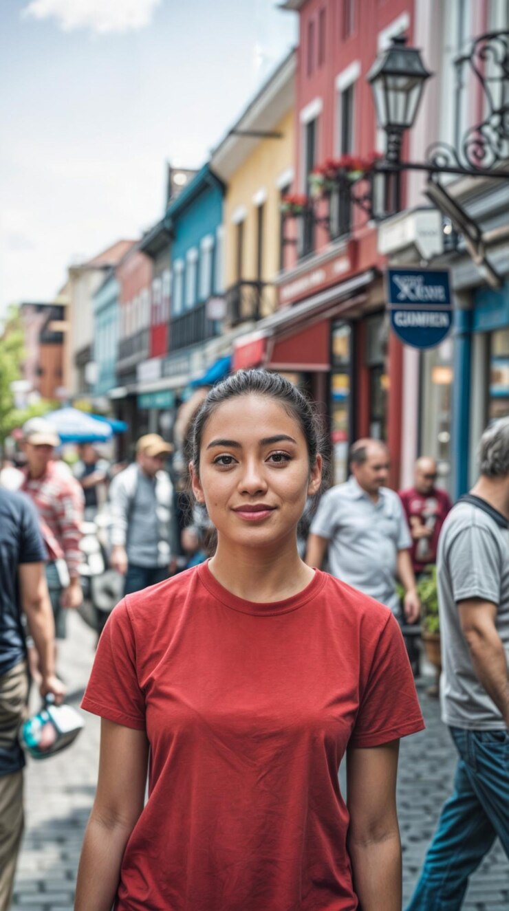 Foto uma jovem vestindo uma camiseta vermelha e de pé em uma cena de rua vibrante e animada