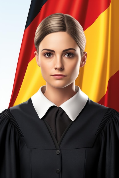 Uma juíza de túnica preta com a bandeira alemã ao fundo
