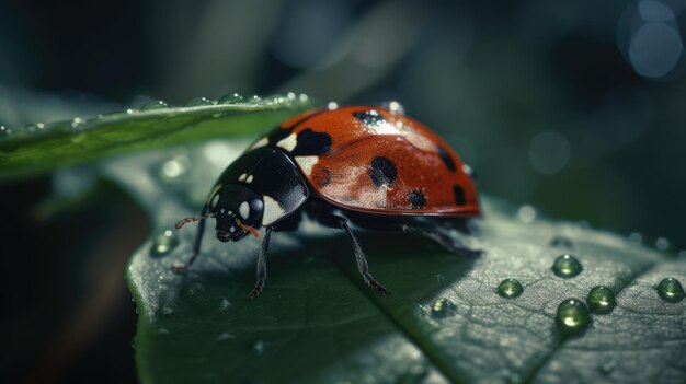 uma ladybug rastejando em uma folha na floresta