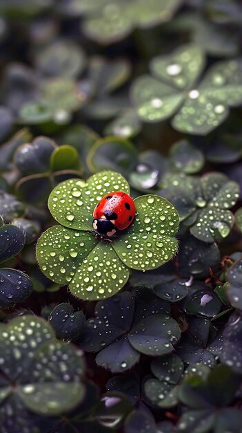 uma ladybug senta-se em uma folha verde com gotas de chuva