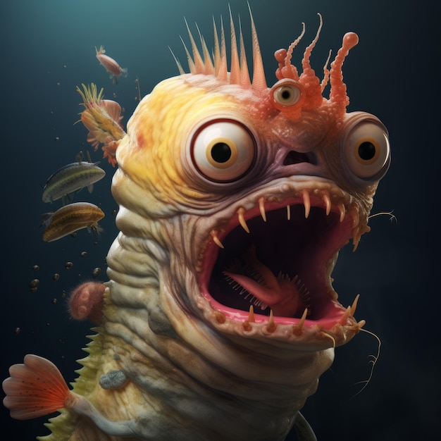 Uma lagarta expressiva segurando um peixe Um retrato surrealista da vida selvagem