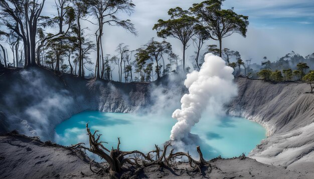 Foto uma lagoa azul com árvores e uma água azul com as palavras fontes termais no fundo