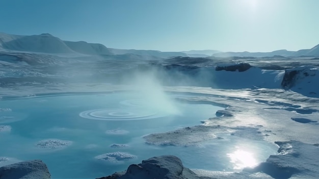 Uma lagoa azul com uma lagoa azul em primeiro plano e o sol brilhando no horizonte.