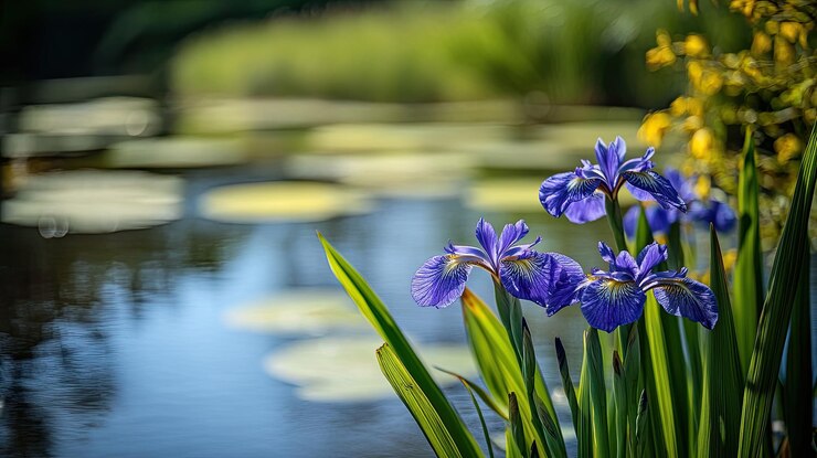 Foto uma lagoa com flores azuis e lilas nela