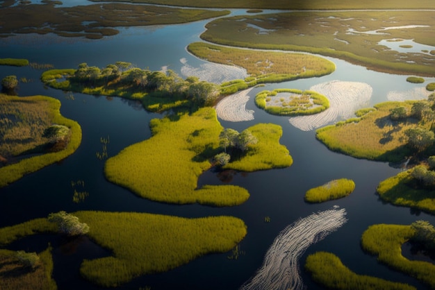 Uma lagoa com nenúfares e plantas em primeiro plano