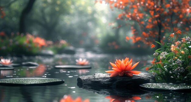 uma lagoa em um jardim botânico com lily pads sobre ele