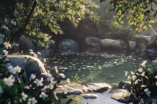 Uma lagoa tranquila cercada de flores de jasmim