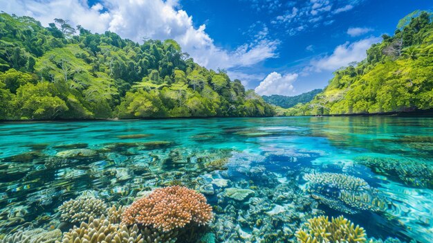 Uma lagoa tranquila com recifes de coral vibrantes cheios de vida marinha um paraíso subaquático para mergulhadores e mergulhadoras