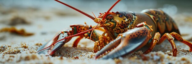 Uma lagosta com grandes garras e uma cauda vermelha está na areia ai