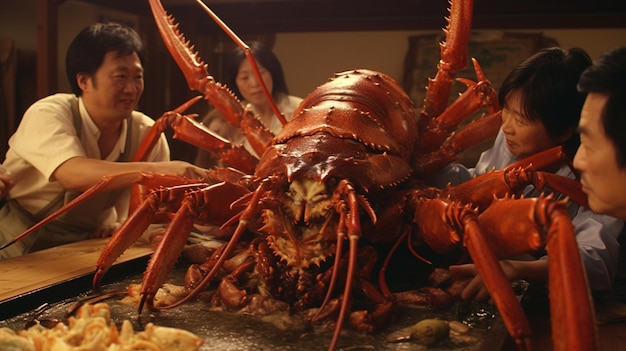 Foto uma lagosta com uma mulher ao fundo a comer uma lagosta.