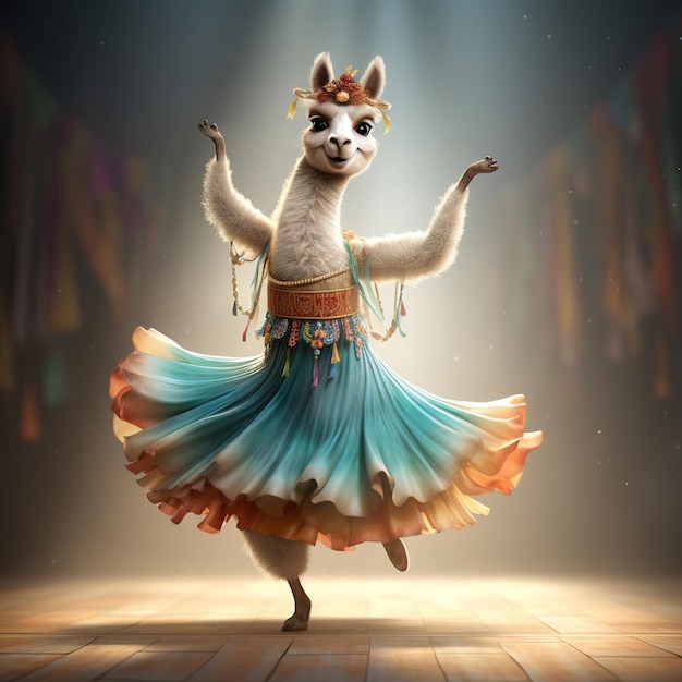 Uma lama bonita com uma saia dança uma dança