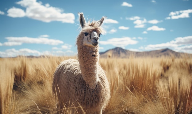 Uma lama de close-up ergue-se em um vasto campo boliviano, cercada por vegetação exuberante sob um céu azul claro, criada com ferramentas de IA generativas.