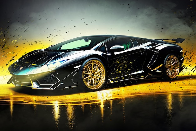 Uma lamborghini é mostrada em uma pintura com a palavra lamborghini nela.