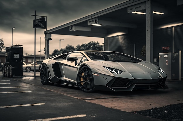 Uma lamborghini está estacionada em um estacionamento à noite.