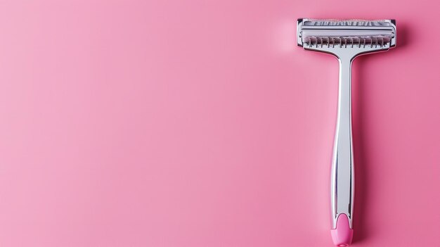 Uma lâmina de barbear de plástico descartável contendo uma lâmina de aço em um cenário rosa e espaço ia gerativa