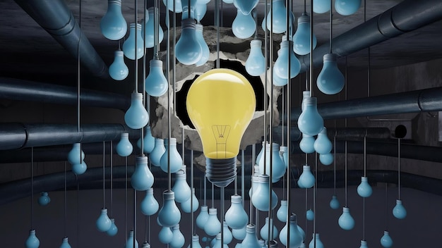 Uma lâmpada amarela emerge do buraco entre a lâmpada azul caindo com espaço de cópia para a criatividade
