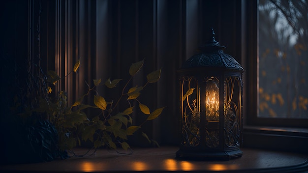 Uma lâmpada antiga chique em uma sala em uma janela à noite Ilustração Geração de IA