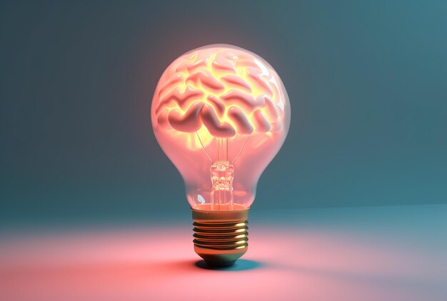 Uma lâmpada brilhante com um cérebro humano dentro de um fundo pastel Conceito de casa inteligente