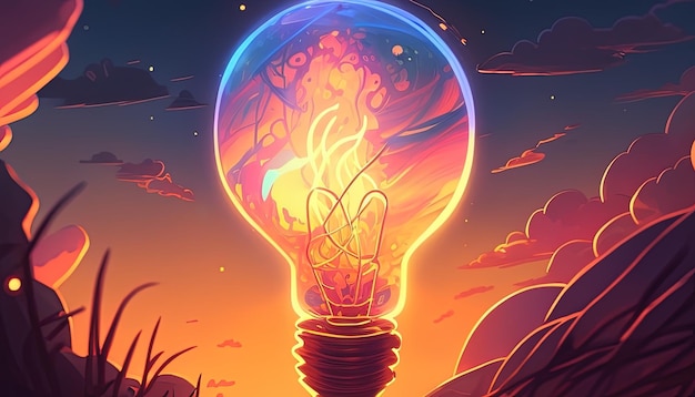 Uma lâmpada brilhante ilumina novos horizontes em uma ilustração inspiradora